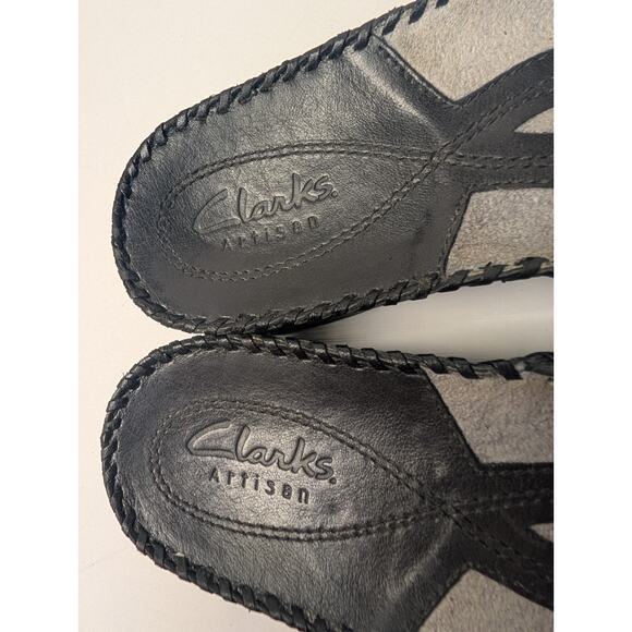 Clarks Artisan Black Leather Sandals WOMENS 7.5M Silver Stitch Slip Ons Comfy - Picture 5 of 8